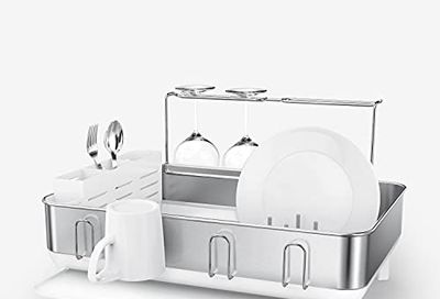simplehuman Kitchen Dish Drying Rack with Swivel Spout, Fingerprint-Proof Stainless Steel Frame, White Plastic, 2021 Model $90 (Reg $151.40)