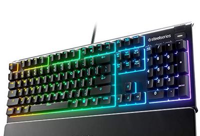 SteelSeries Apex 3 RGB Gaming Keyboard – 10-Zone RGB Illumination – IP32 Water Resistant – Premium Magnetic Wrist Rest (Whisper Quiet Gaming Switch) $52.98 (Reg $79.99)