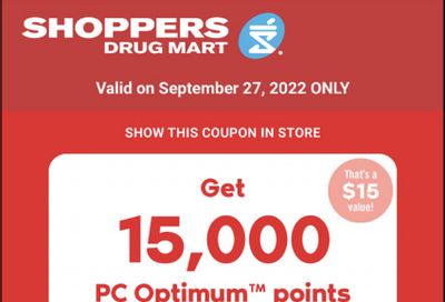 Shoppers Drug Mart Canada Tuesday Text Offer: Get 15,000 PC Optimum Points When You Spend $50 Today Only