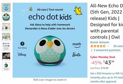 Amazon.ca Cyber Monday Deal: Owl Echo Dot For Kids 5th Generation $43.99 (save 45%)