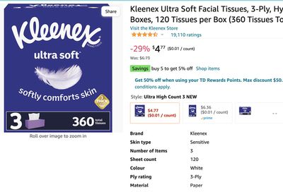 Amazon.ca: Kleenex Ultra Soft Facial Tissues $3.77 with 29% Discount and $1 off Coupon