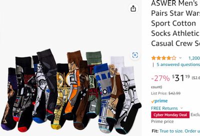 Amazon.ca Cyber Monday Deal: Men’s 12 Pair Star Wars Cotton Socks $31.19 (Save 27%)
