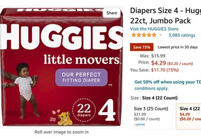 Amazon.ca: Diapers Size 4 – Huggies Little Movers Disposable Baby Diapers, 22ct, Jumbo Pack $4.29 reg. $15.29