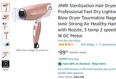 Amazon.ca: Professional Fast Dry Lightweight Blow Dryer $19.99 (Regular $99.99, Save 80%)