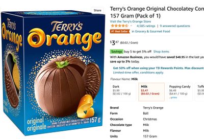 Amazon.ca: Terry’s Orange Original Chocolatey Confection, Milk, 157 Gram $3.47