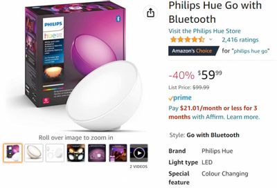 Amazon.ca: Philips Hue Go With Bluetooth $59.99 (Was $99.99, Save 40%)
