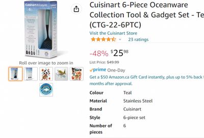 Amazon.ca: Cuisinart 6-Piece Oceanware Collection Kitchen Tool Set $25.98 (Was $49.99, Save 48%)