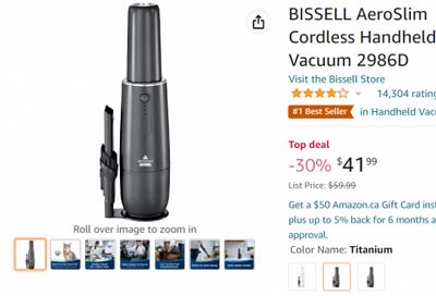 Amazon.ca: Bissell AeroSlim Cordless Handheld Vacuum $41.99 (Regular $59.99, Save 30%)