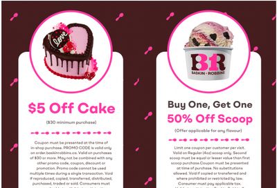 Baskin Robbins Canada New Coupons: BOGO 50% Off Scoops + $5 off Cake