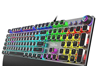 Fiodio Mechanical Gaming Keyboard, LED Rainbow Gaming Backlit, 104 Anti-ghosting Keys, Quick-Response Black Switches, Multimedia Control for PC and Desktop Computer, with Removable Hand Rest $26.8 (Reg $45.41)
