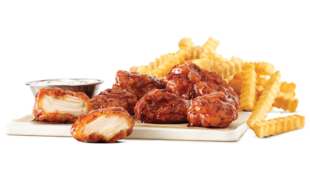 For Only $5 Get 6 Hot Honey BBQ or 6 Buffalo Boneless Wings and a Small Fry Online or In-app at Arby’s