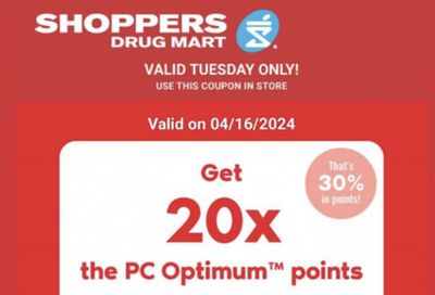 Shoppers Drug Mart Canada Tuesday Text Offer: Get 20x The PC Optimum Points When You Spend $75 April 16th Only