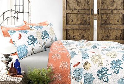 Lush Decor Blue and Coral Coastal Reef Quilt-Reversible 7 Piece Bedding Set with Feather Seashell Design-Full Queen $112.4 (Reg $121.60)