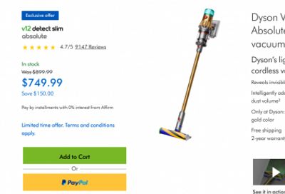 Dyson Canada: V12 Detect Slim Absolute Cordless Vacuum $749.99 + Outlet Deals