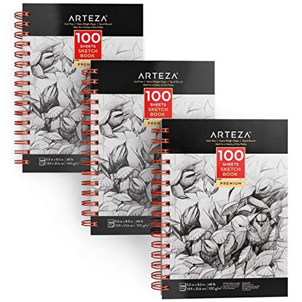 Arteza Sketchbooks, Pack of 3, 5.5 x 8.5 Inches, 100 Sheets Each