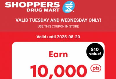 Shoppers Drug Mart Canada Tuesday Text Offer: Get 10,000 PC Optimum Points When You Spend $40