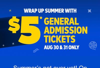 Cineplex Odeon Canada: $5 General Admission Tickets August 30th & 31st + $5 Small Popcorn