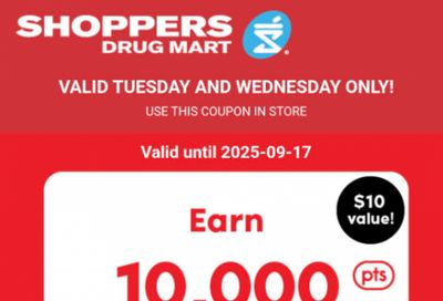 Shoppers Drug Mart Canada Text Offer: 10,000 Points When You Spend $40 September 16th & 17th