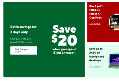 Staples Canada: Save $20 When You Spend $100 or More + Buy One Get One Free K-Cups + More