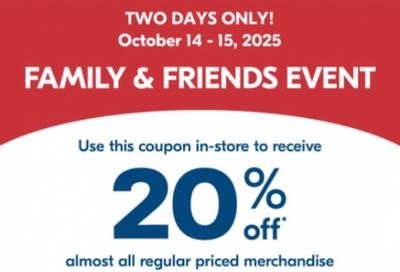Shoppers Drug Mart Canada Family & Friends Event: Save 20% on Regular Priced Merchandise October 14th & 15th