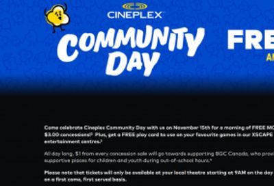 Cineplex Community Day: Free Movies and $3 Concessions November the 15th