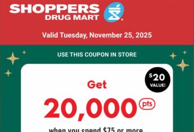 Shoppers Drug Mart Canada Text Offer: Get 20,000 PC Optimum Points When You Spend $25 Or More