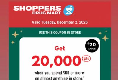 Shoppers Drug Mart Canada Tuesday Text Offer: Get 20,000 PC Optimum Points When You Spend $60