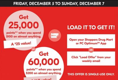 Shoppers Drug Mart Canada: Earn up to 60,000 PC Optimum Points December 5th – 7th