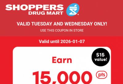 Shoppers Drug Mart Canada Text Offer: Get 15,000 Points When You Spend $50 January 6th & 7th
