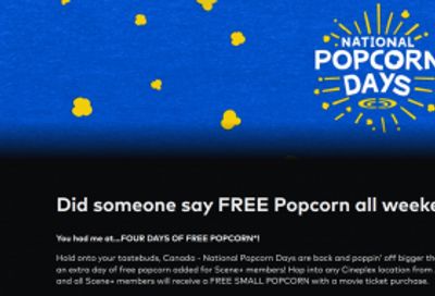 Cineplex Canada $5 Movie Tuesday are Back: $5 General admission & $5 Small Popcorn each Tuesday + Free Small Popcorn January 16th – 19th