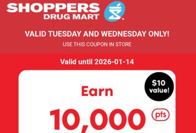 Shoppers Drug Mart Canada Text Offer: Get 10,000 PC Optimum Points When You Spend $40 January 13th & 14th