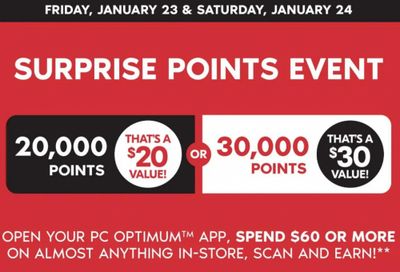 Shoppers Drug Mart Canada Surprise Points Event: Get 20,000 or 30,000 Points When You Spend $60 January 23rd & 24th