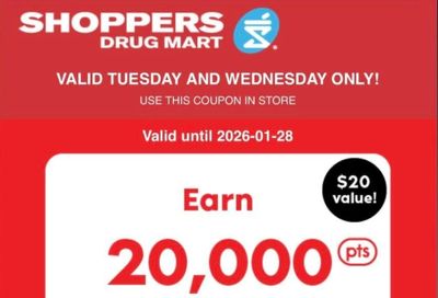 Shoppers Drug Mart Canada Text Offer: 20,000 PC Optimum Points When You Spend $60 January 27th & 28th