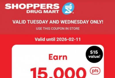 Shoppers Drug Mart Canada Text Offers: Get 15,000 PC Optimum Points When You Spend $50 (Valid Feb 11th)