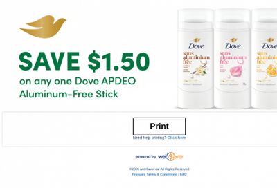 WebSaver Canada Coupons: Save $1.50 on any Dove APDEO Aluminum-Free Stick