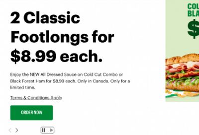 SUBWAY Restaurants Canada Deals & Promotions: 2 Classic Footlongs for $8.99 Each + More