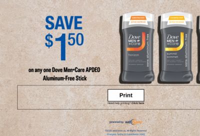 WebSaver Canada Coupons: Save $1.50 on any Dove Men+Care APDEO Aluminum Free Stick