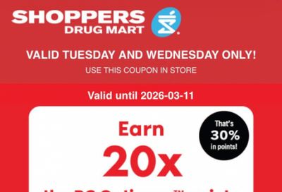 Shoppers Drug Mart Canada Text Offer: 20x The PC Optimum Points When You Spend $60 March 10th & 11th