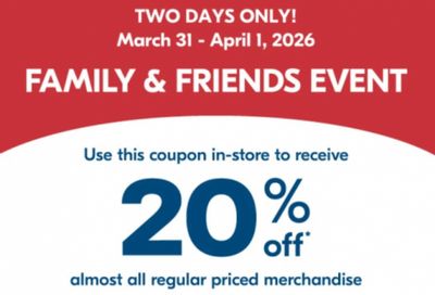 Shoppers Drug Mart Canada Family & Friends Event: 20% off Regular Priced Merchandise March 31st and April 1st