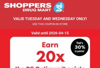 Shoppers Drug Mart Canada Text Offer: Get 20x The PC Optimum Points When You Spend $75