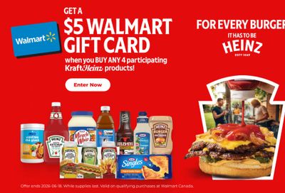 Walmart Canada: Get a $5 Walmart Gift Card When You Purchase 4 Kraft Heinz Products