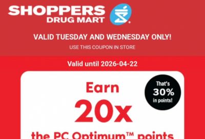 Shoppers Drug Mart Canada Text Offer: Get 20x The PC Optimum Points When You Spend $60 April 21st & 22nd
