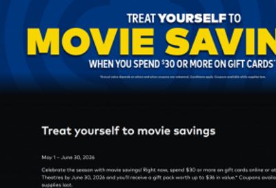 Cineplex Canada: Free Gift Pack up to $36 in Value When You Purchase $30 in Gift Cards