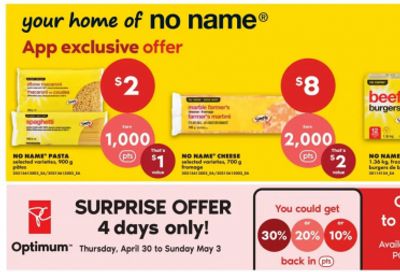 No Frills Ontario: No Name Pasta 900g $2 + 1,000 PC Optimum Points