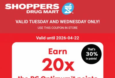Shoppers Drug Mart Canada Text Offer: 20x The PC Optimum Points When You Spend $60 May 12th & 13th