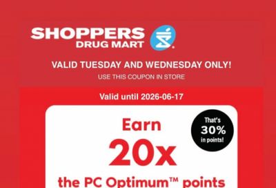 Shoppers Drug Mart Canada Text Offer: Get 20x The PC Optimum Points When You Spend $60 June 16th & 17th