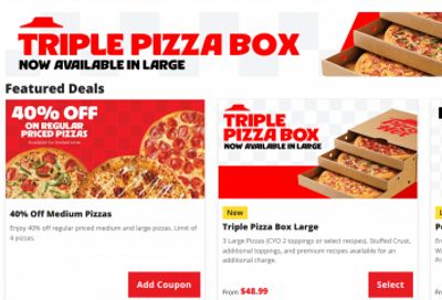 Pizza Hut Canada Coupons Deals: Enjoy 40% Off Medium & Large Pizzas + Triple Pizza Box + More