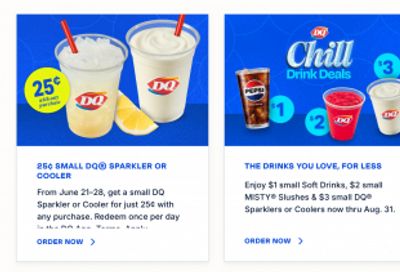Dairy Queen Canada Summer Offers: Sparkler or Cooler for Just 25¢ + $1 Soft Drinks, $2 MISTY Slushes & $3 small DQ Sparklers or Cooler