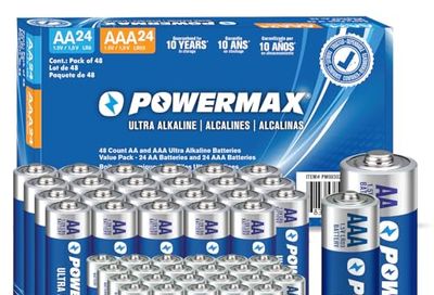 Powermax Alkaline Batteries 48-Count Combo Pack (24 Double AA, 24 Triple AAA), Ultra Long Lasting Battery for Home and Office, 10-Year Shelf Life, Reclosable Packaging $16.47 (lowest)