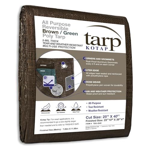Kotap 25 x 40 Ft. All-Purpose Multi-Use Protection/Coverage 5-mil Poly Tarp, Reversible, Waterproof, Brown/Green, 1-Pack (TBG-2540)